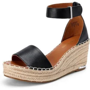 FRANCO SARTO Clemens Wedge Platform Espadrille Sandals Black Leather &amp; Jute 9