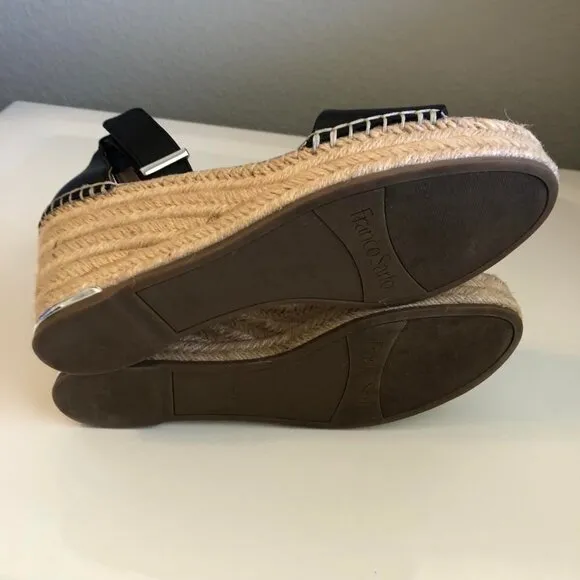 FRANCO SARTO Clemens Wedge Platform Espadrille Sandals Black Leather &amp; Jute 9