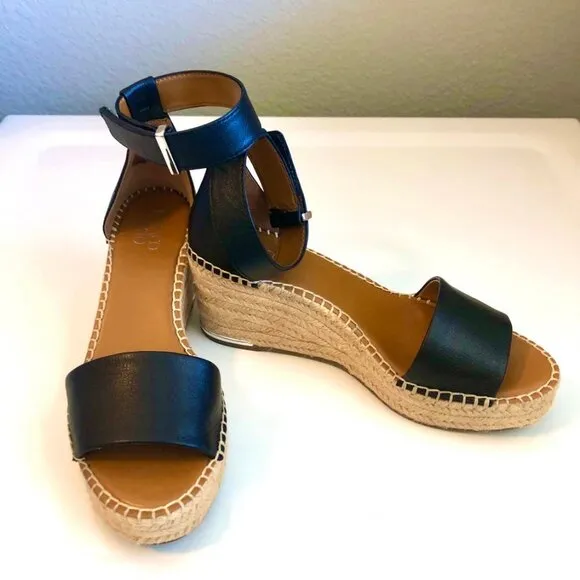 FRANCO SARTO Clemens Wedge Platform Espadrille Sandals Black Leather &amp; Jute 9
