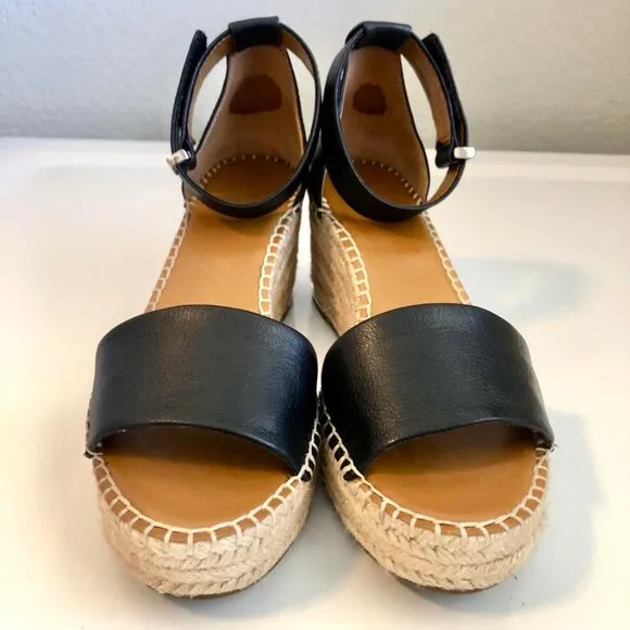 FRANCO SARTO Clemens Wedge Platform Espadrille Sandals Black Leather &amp; Jute 9