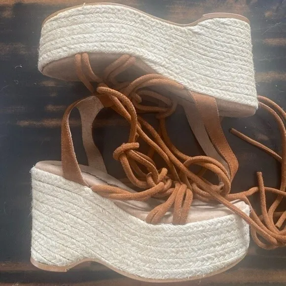 Free People Coastal Strappy Suede Platform Wedge Espadrilles in Cognac Tan