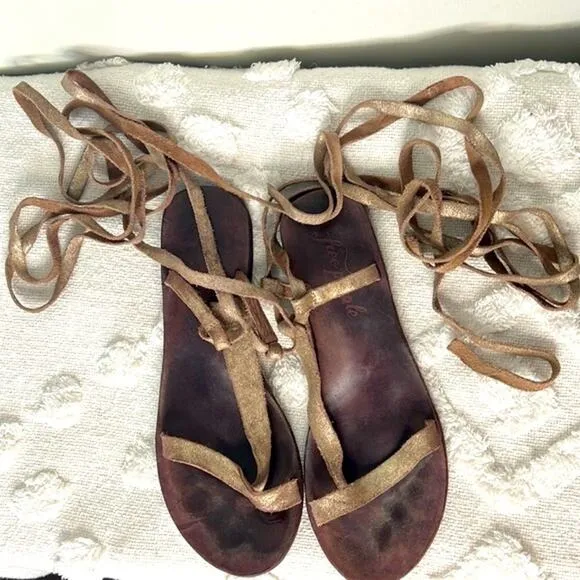 Free People Dahlia Lace Up Metallic Leather Gladiator Sandals Size 9.5