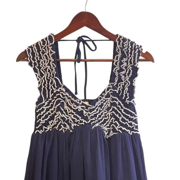 Free People Feel the Frill Women's Small Navy &amp; White Midi Dress OB1916895 NEW