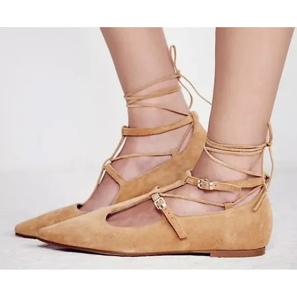 Free People Isabelle Lace Up Flat Size 7 Women Brown Leather Pointed Toe EU 37