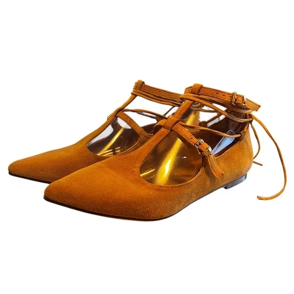 Free People Isabelle Lace Up Flat Size 7 Women Brown Leather Pointed Toe EU 37