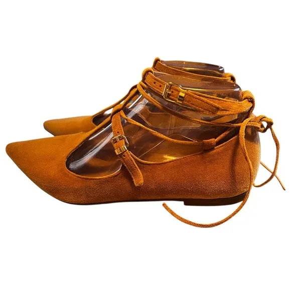 Free People Isabelle Lace Up Flat Size 7 Women Brown Leather Pointed Toe EU 37