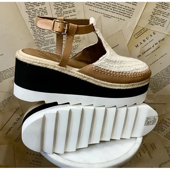 Free People Morning In Mykonos Espadrilles Platform Wedge Ivory Tan Black