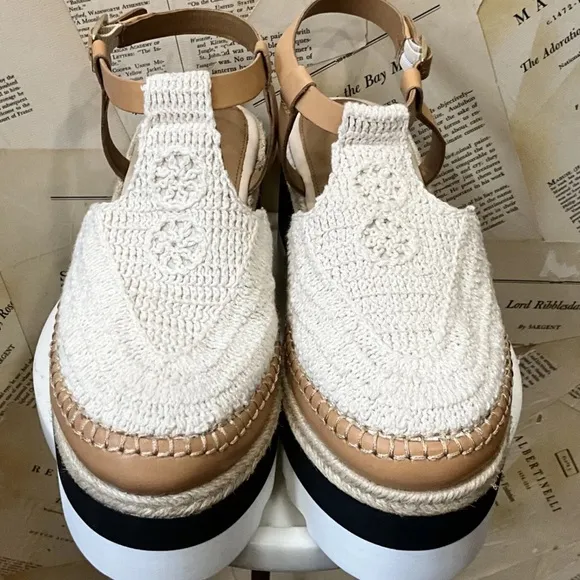 Free People Morning In Mykonos Espadrilles Platform Wedge Ivory Tan Black