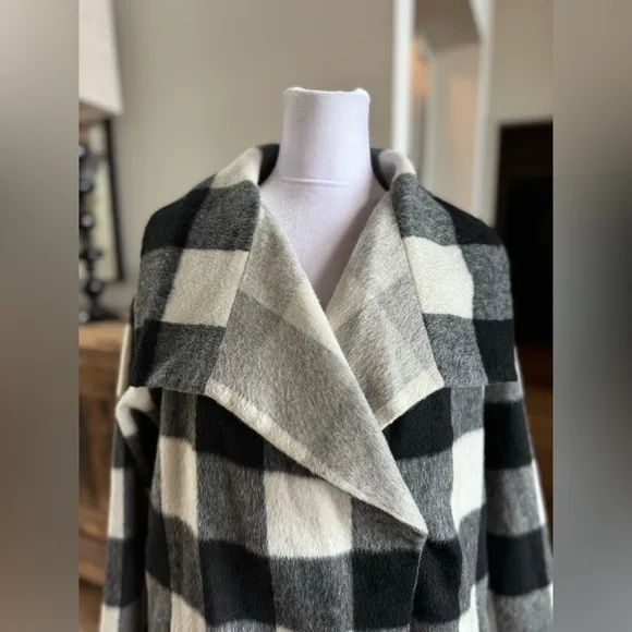 French Connection Jackie Wide Collar Coat Black White Check Medium 8 plaid
