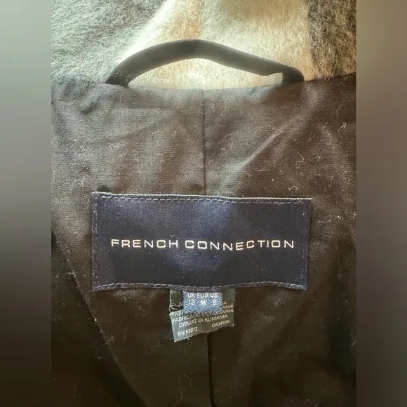 French Connection Jackie Wide Collar Coat Black White Check Medium 8 plaid