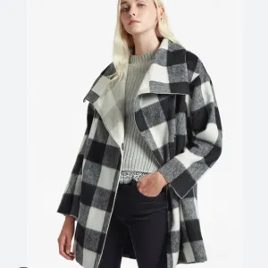 French Connection Jackie Wide Collar Coat Black White Check Medium 8 plaid