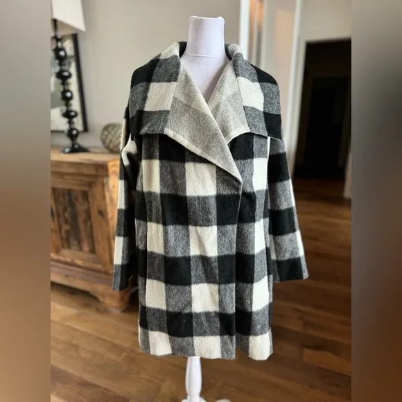 French Connection Jackie Wide Collar Coat Black White Check Medium 8 plaid