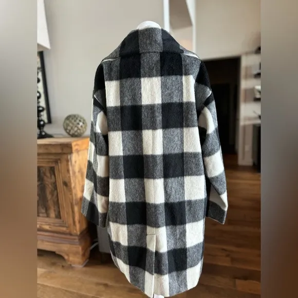 French Connection Jackie Wide Collar Coat Black White Check Medium 8 plaid