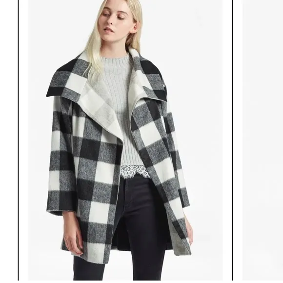 French Connection Jackie Wide Collar Coat Black White Check Medium 8 plaid