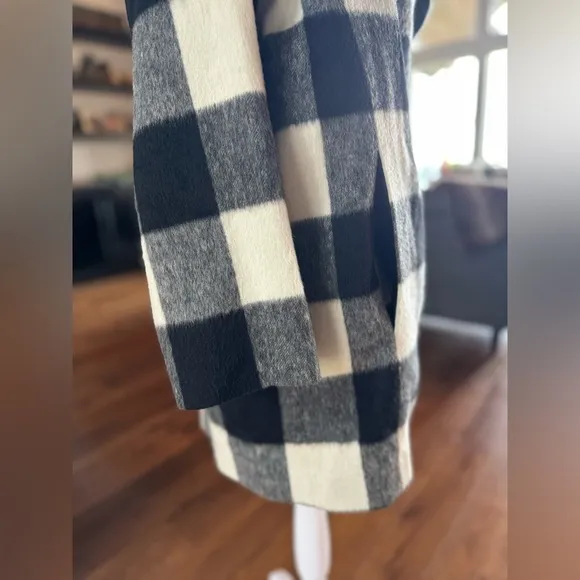 French Connection Jackie Wide Collar Coat Black White Check Medium 8 plaid