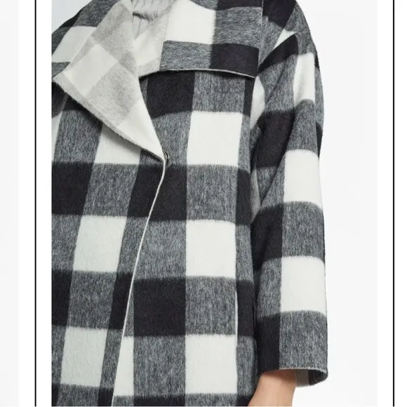 French Connection Jackie Wide Collar Coat Black White Check Medium 8 plaid
