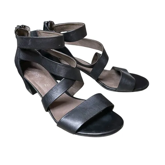 Gabor Wonens Black Leather Strappy Block Heel Sandals Size 7.5