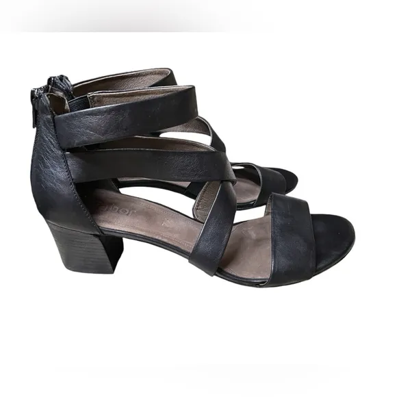 Gabor Wonens Black Leather Strappy Block Heel Sandals Size 7.5