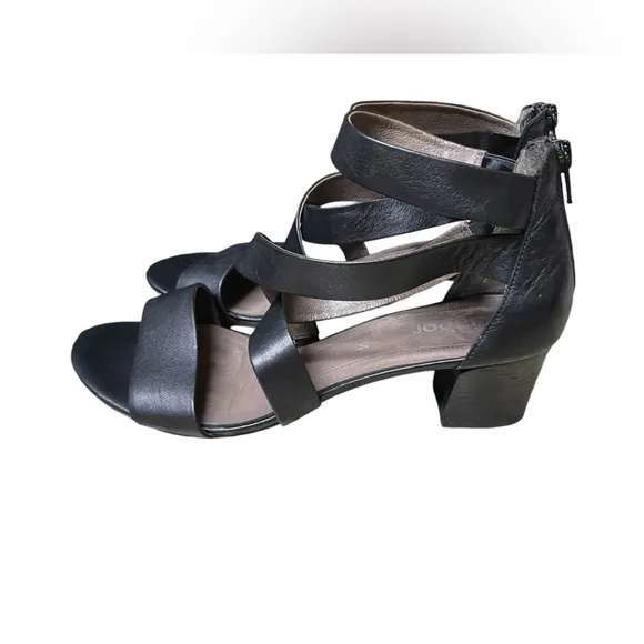 Gabor Wonens Black Leather Strappy Block Heel Sandals Size 7.5