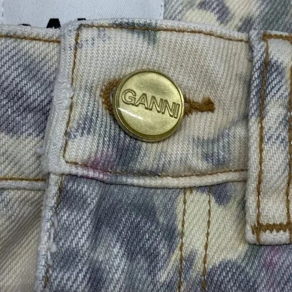 Ganni Women’s Floral Printed Jean Pants Size 25 Angi Cargo Tofu Beige/Multi  NWT