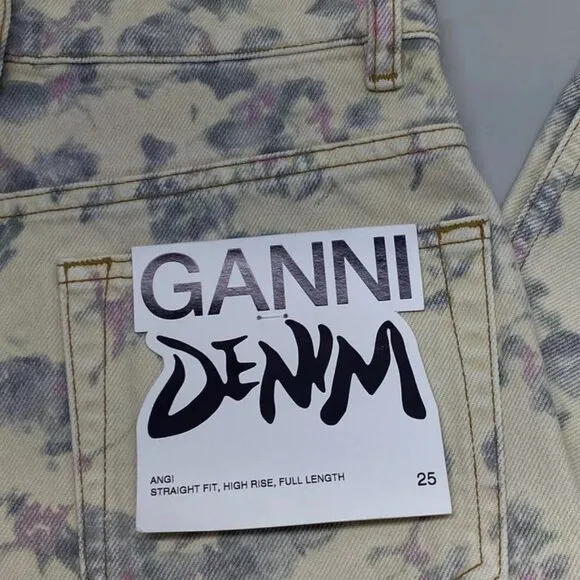 Ganni Women’s Floral Printed Jean Pants Size 25 Angi Cargo Tofu Beige/Multi  NWT
