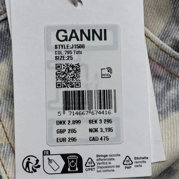 Ganni Women’s Floral Printed Jean Pants Size 25 Angi Cargo Tofu Beige/Multi  NWT