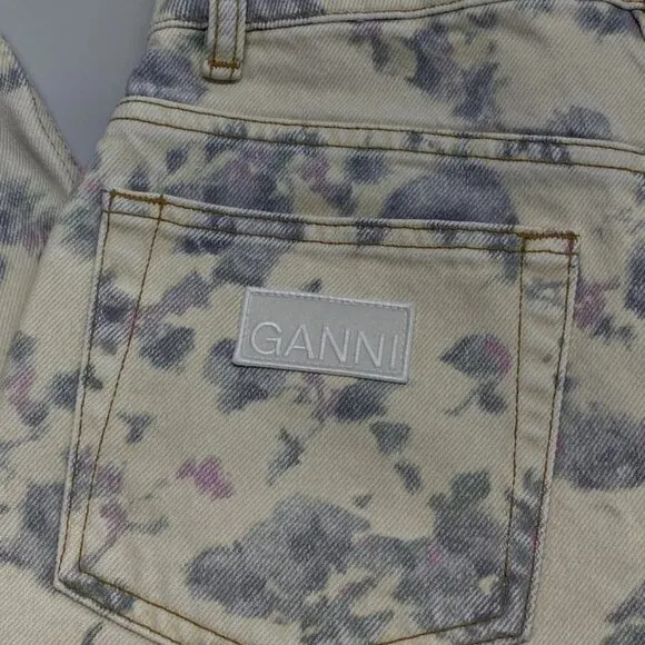 Ganni Women’s Floral Printed Jean Pants Size 25 Angi Cargo Tofu Beige/Multi  NWT