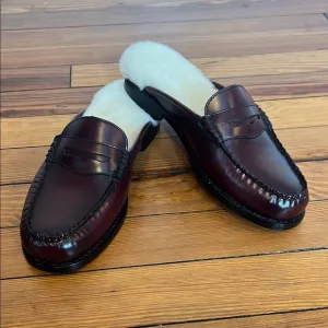 G.H. Bass Originals Weejuns Burgundy Leather Mule Loafers Shearling Lining 6.5