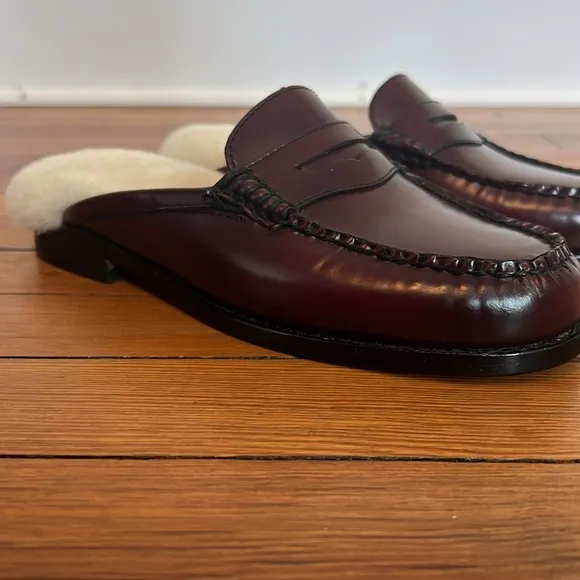 G.H. Bass Originals Weejuns Burgundy Leather Mule Loafers Shearling Lining 6.5