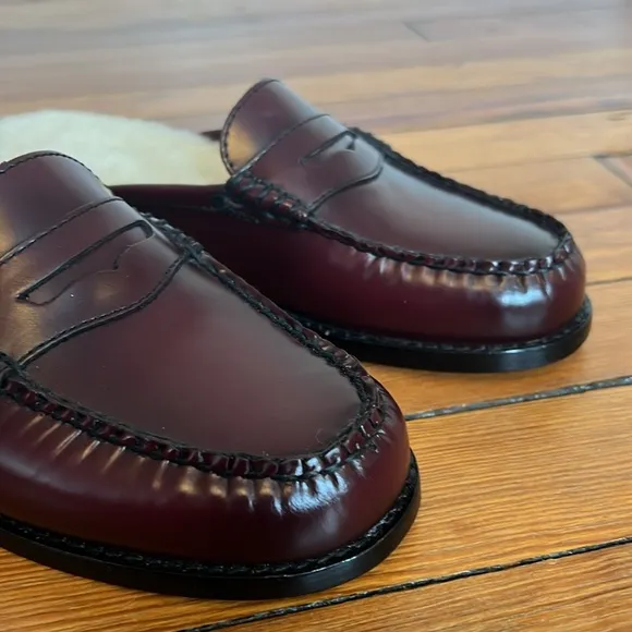 G.H. Bass Originals Weejuns Burgundy Leather Mule Loafers Shearling Lining 6.5