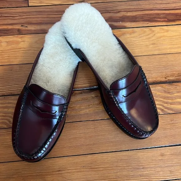 G.H. Bass Originals Weejuns Burgundy Leather Mule Loafers Shearling Lining 6.5
