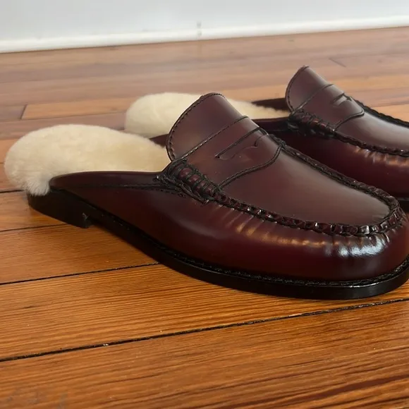 G.H. Bass Originals Weejuns Burgundy Leather Mule Loafers Shearling Lining 6.5