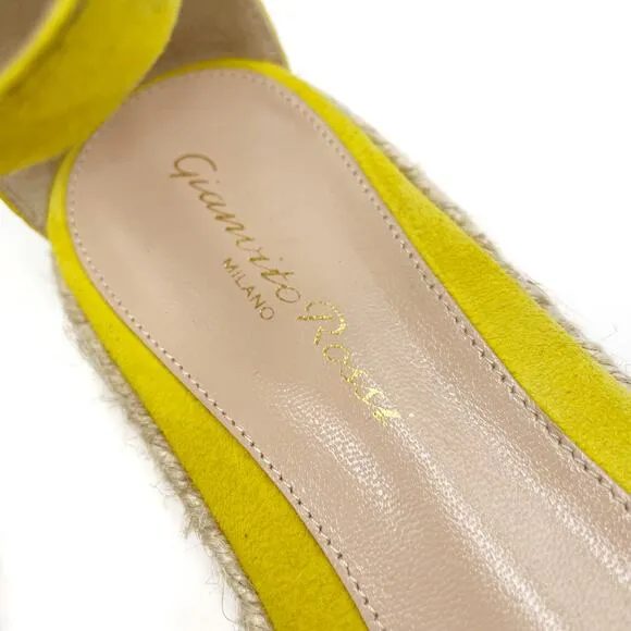 Gianvito Rossi Yellow Suede Espadrille Sandals Flat Ankle Strap Sz 37.5 / 7.5