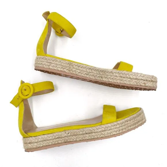 Gianvito Rossi Yellow Suede Espadrille Sandals Flat Ankle Strap Sz 37.5 / 7.5