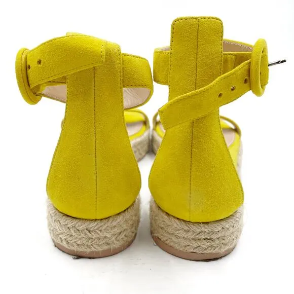 Gianvito Rossi Yellow Suede Espadrille Sandals Flat Ankle Strap Sz 37.5 / 7.5