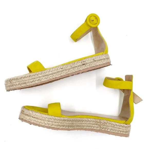 Gianvito Rossi Yellow Suede Espadrille Sandals Flat Ankle Strap Sz 37.5 / 7.5