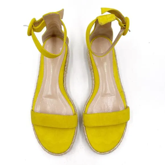 Gianvito Rossi Yellow Suede Espadrille Sandals Flat Ankle Strap Sz 37.5 / 7.5