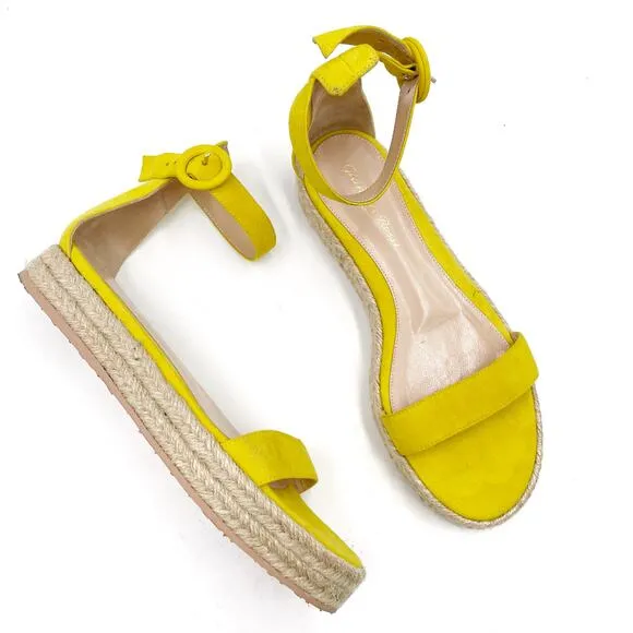 Gianvito Rossi Yellow Suede Espadrille Sandals Flat Ankle Strap Sz 37.5 / 7.5