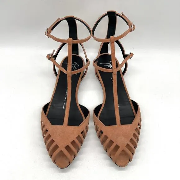 GIUSEPPE ZANOTTI Cut Out Leather Flat Sandals Women 39 8.5 Camel Ankle Strap