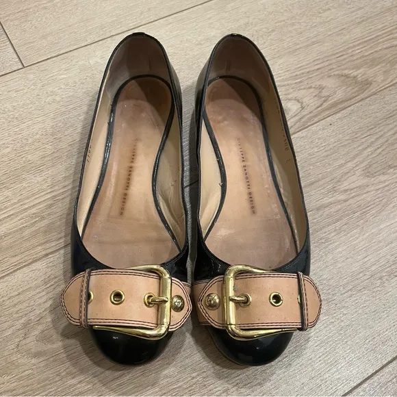 Giuseppe Zanotti Design Black Patent Leather Buckle Ballet Flats Size 38.5/8.5