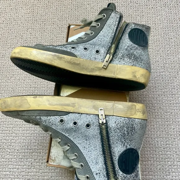 Golden Goose 38 Silver Glitter High-Top Sneakers