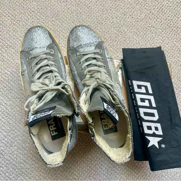 Golden Goose 38 Silver Glitter High-Top Sneakers