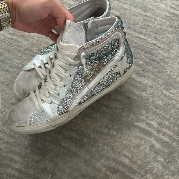 GOLDEN GOOSE 41 silver high top slide sneakers glitter