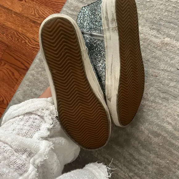 GOLDEN GOOSE 41 silver high top slide sneakers glitter
