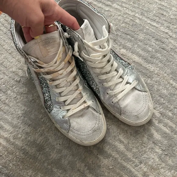 GOLDEN GOOSE 41 silver high top slide sneakers glitter