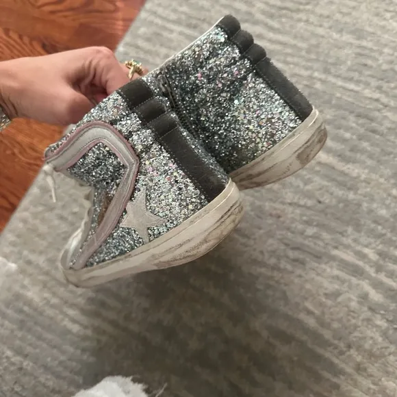 GOLDEN GOOSE 41 silver high top slide sneakers glitter