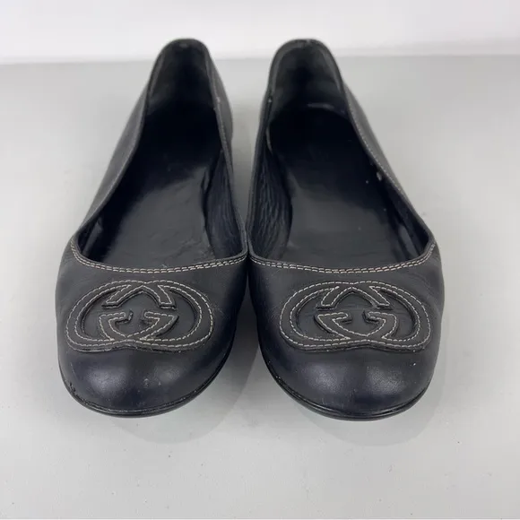 Gucci Black Leather GG Ballet Flats Size 35.5 G