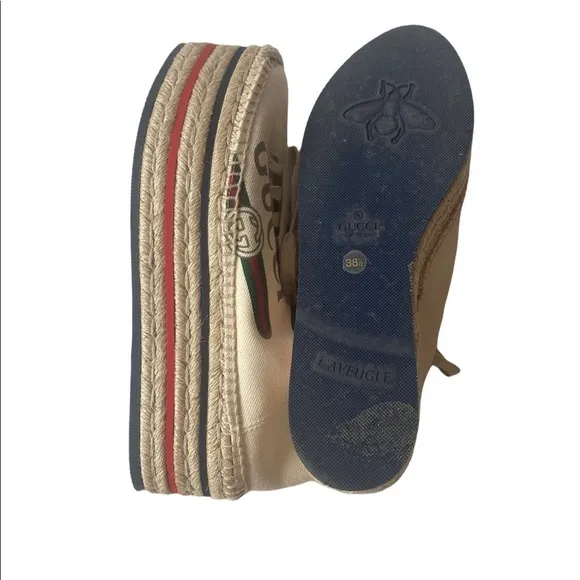 Gucci Cream Logo Print Platform Espadrilles Flats