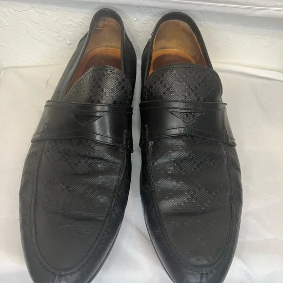 Gucci Men's Auth 10 1/2 Black Logo Diamante Leather Loafers Dress Shoes