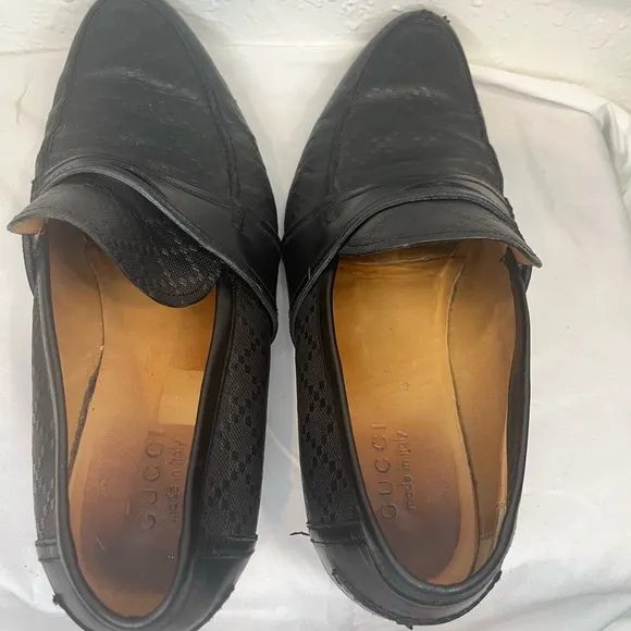 Gucci Men's Auth 10 1/2 Black Logo Diamante Leather Loafers Dress Shoes